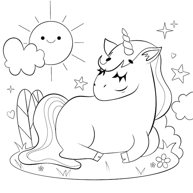 Ilustración de libro para colorear de unicornio dibujado a mano
