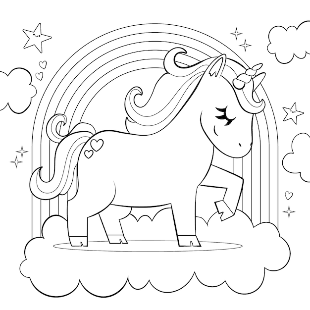 Ilustración de libro para colorear de unicornio dibujado a mano