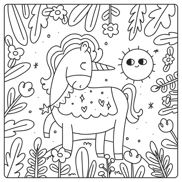 Ilustración de un libro de colorear de unicornio dibujado a mano