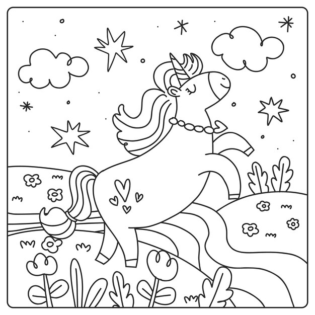 Ilustración de libro para colorear de unicornio dibujado a mano