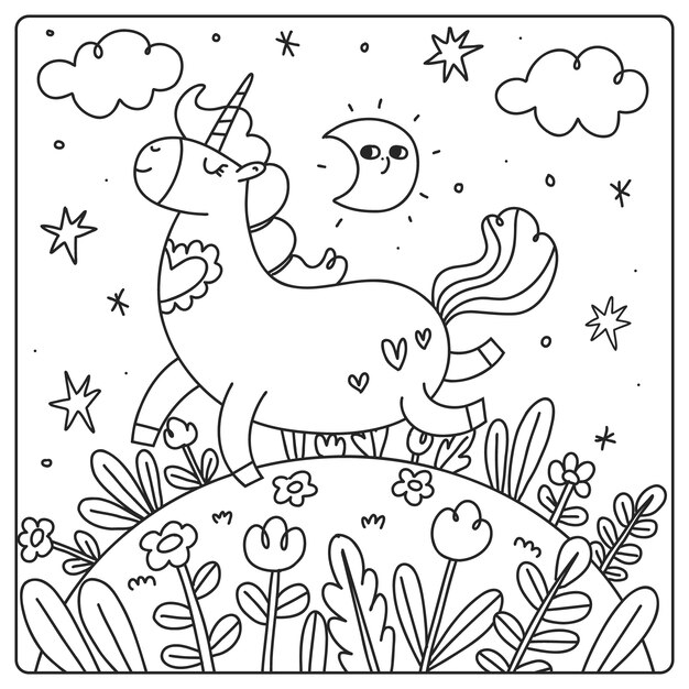 Ilustración de libro para colorear de unicornio dibujado a mano