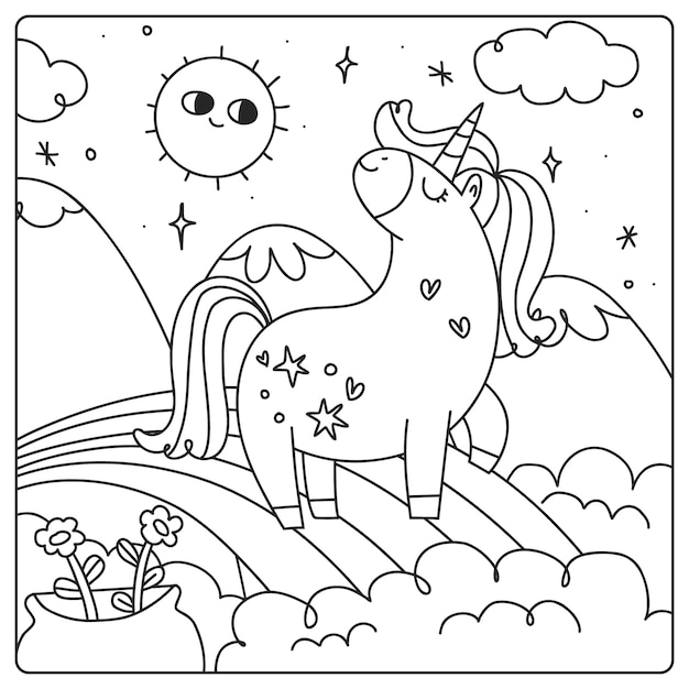 Ilustración de un libro de colorear de unicornio dibujado a mano