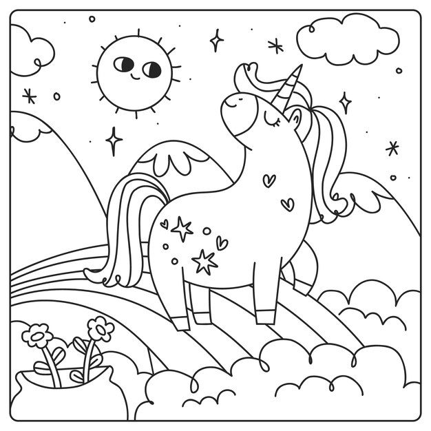 Ilustración de libro para colorear de unicornio dibujado a mano