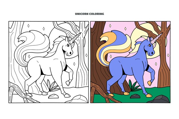 Ilustración de libro para colorear de unicornio dibujado a mano