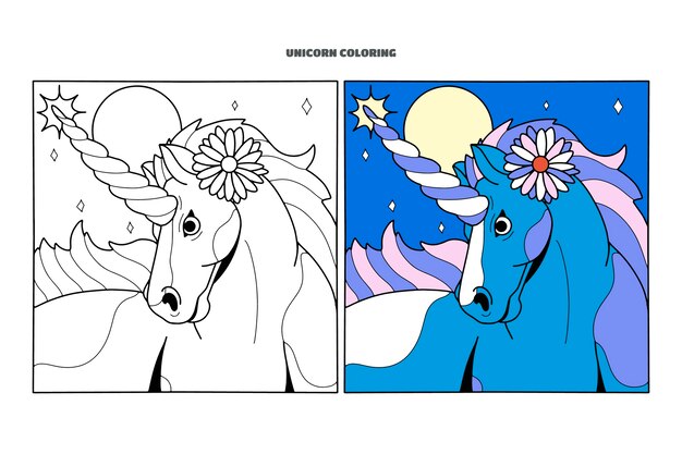 Ilustración de libro para colorear de unicornio dibujado a mano