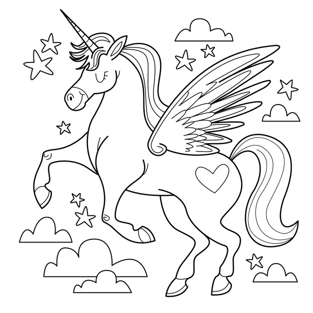 Ilustración de libro para colorear de unicornio dibujado a mano