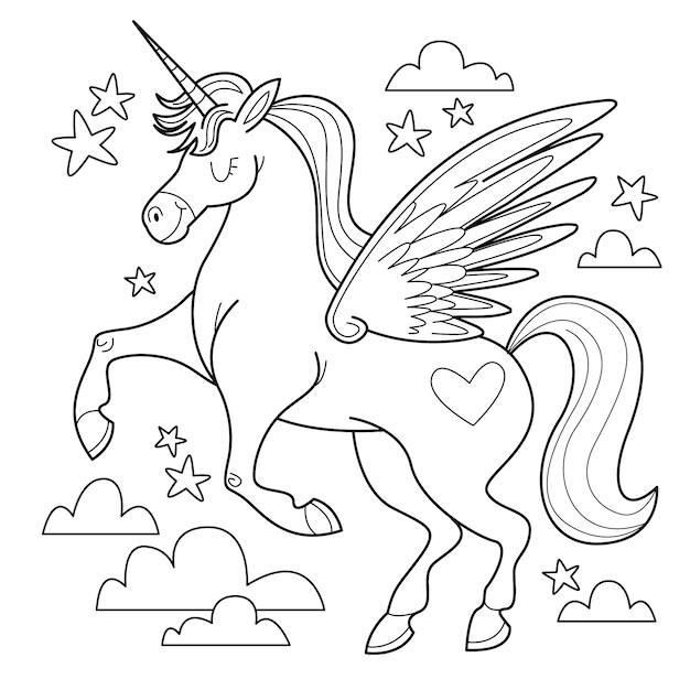 Ilustración de libro para colorear de unicornio dibujado a mano