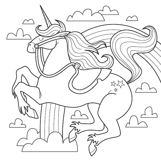 Ilustración de libro para colorear de unicornio dibujado a mano