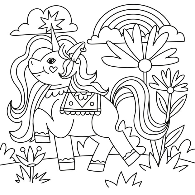 Ilustración de libro para colorear de unicornio dibujado a mano