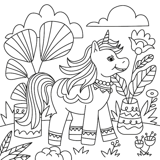 Ilustración de libro para colorear de unicornio dibujado a mano