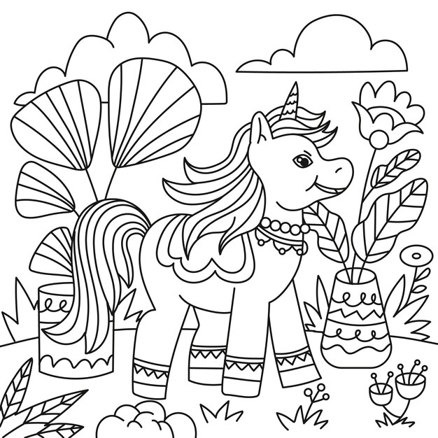 Ilustración de libro para colorear de unicornio dibujado a mano