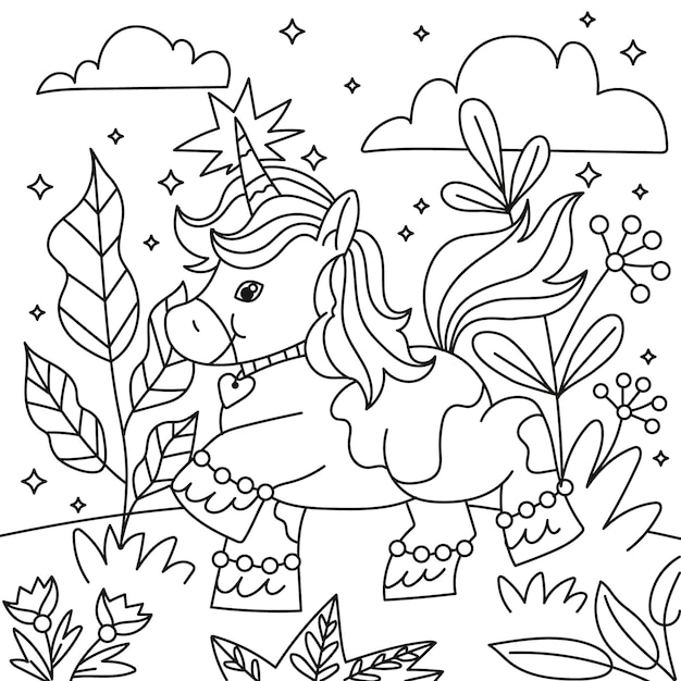 Ilustración de libro para colorear de unicornio dibujado a mano