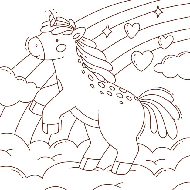 Ilustración de libro para colorear de unicornio dibujado a mano