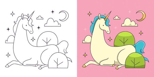 Ilustración de un libro de colorear de unicornio dibujado a mano