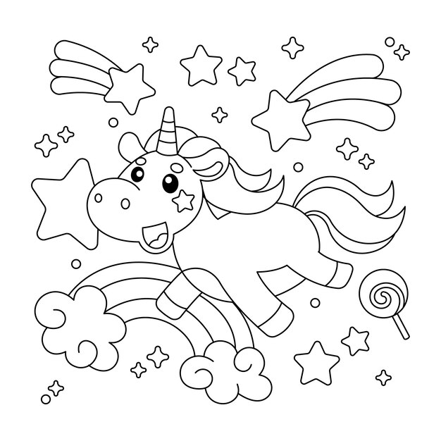 Ilustración de libro para colorear de unicornio dibujado a mano