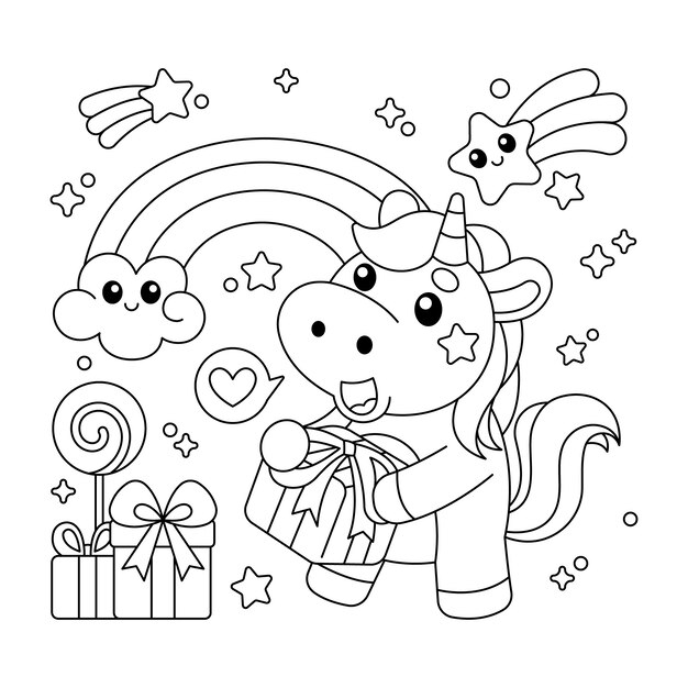 Ilustración de libro para colorear de unicornio dibujado a mano