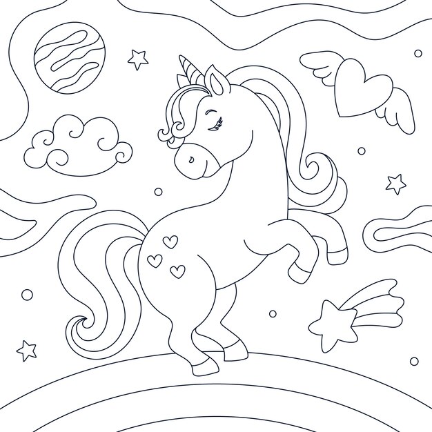 Ilustración de un libro de colorear de unicornio dibujado a mano