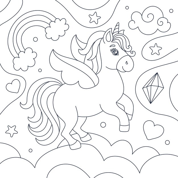 Ilustración de libro para colorear de unicornio dibujado a mano