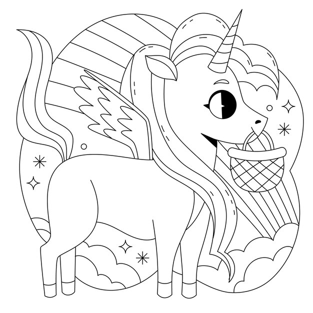 Ilustración de libro para colorear de unicornio dibujado a mano