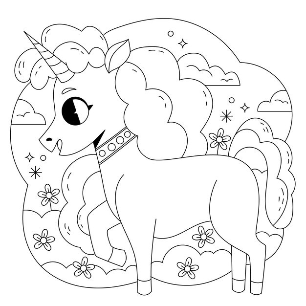 Ilustración de libro para colorear de unicornio dibujado a mano