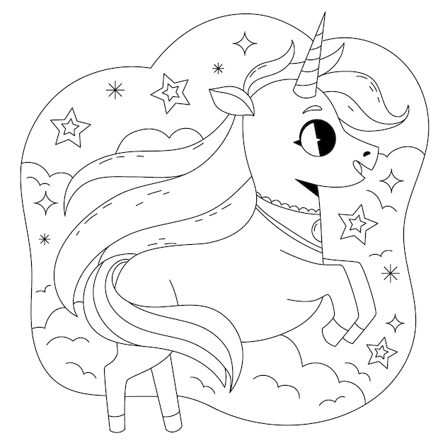 Ilustración de libro para colorear de unicornio dibujado a mano