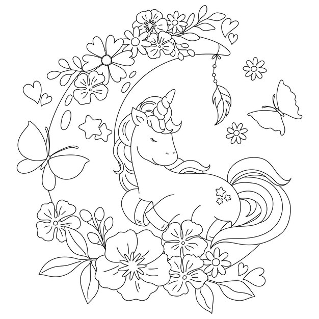 Ilustración de libro para colorear de unicornio dibujado a mano