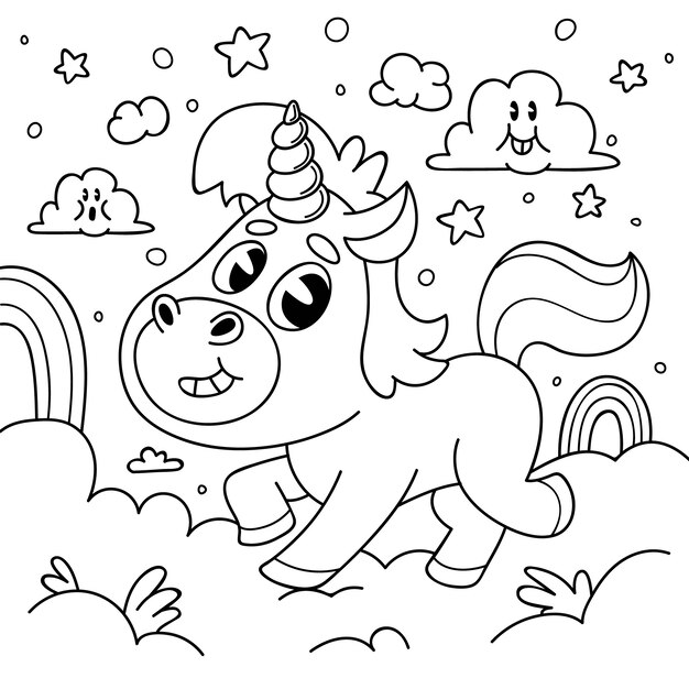 Ilustración de un libro de colorear de unicornio dibujado a mano