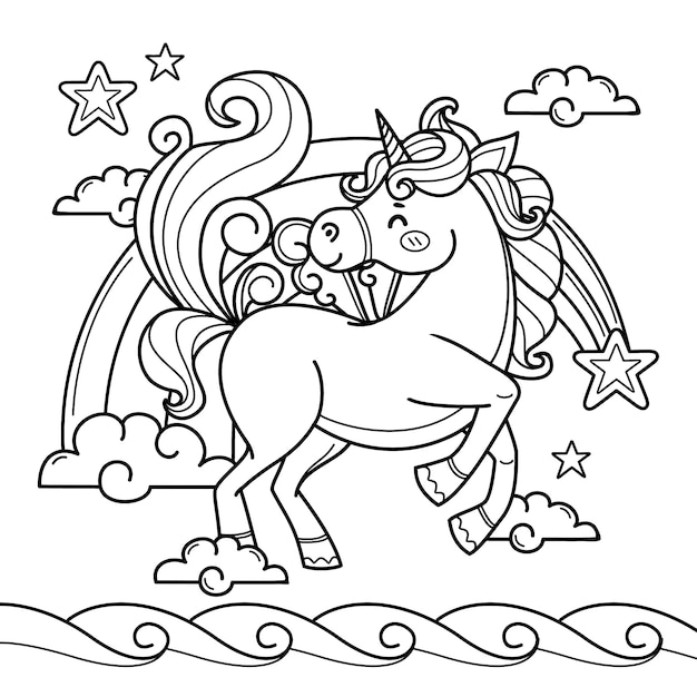 Ilustración de libro para colorear de unicornio dibujado a mano