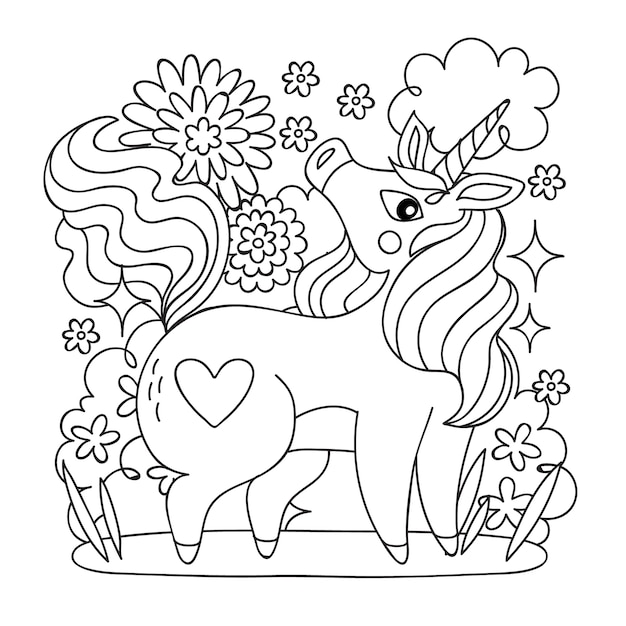 Ilustración de un libro de colorear de unicornio dibujado a mano