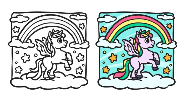 Ilustración de libro para colorear de unicornio dibujado a mano