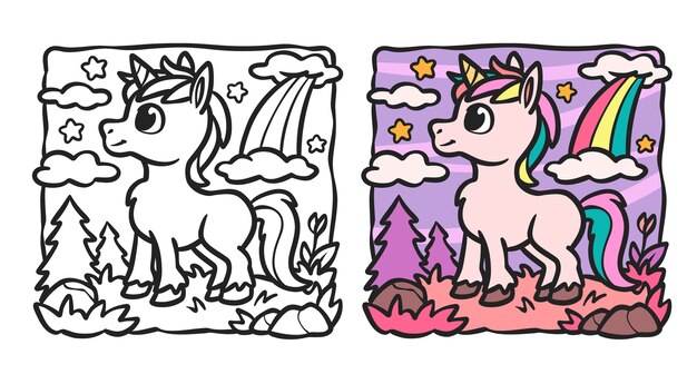 Ilustración de libro para colorear de unicornio dibujado a mano
