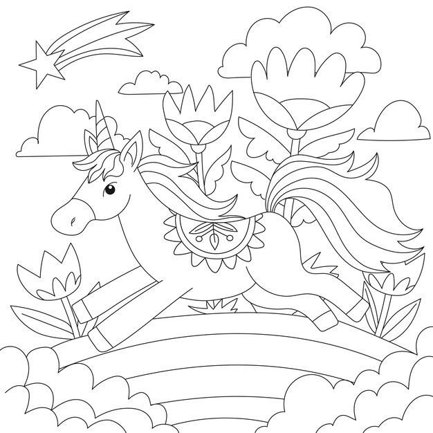 Ilustración de libro para colorear de unicornio dibujado a mano
