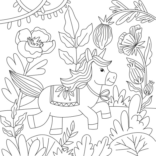 Ilustración de libro para colorear de unicornio dibujado a mano