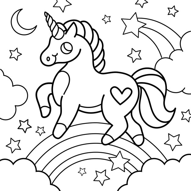 Ilustración de libro para colorear de unicornio dibujado a mano