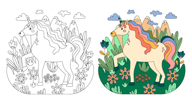 Vector gratuito ilustración de libro para colorear de unicornio dibujado a mano