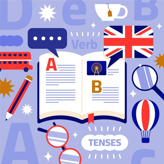 Ilustración de libro de inglés de diseño plano