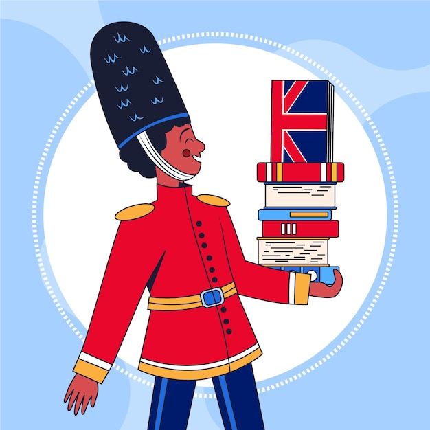 Vector gratuito ilustración de libros ingleses dibujados a mano con soldado británico