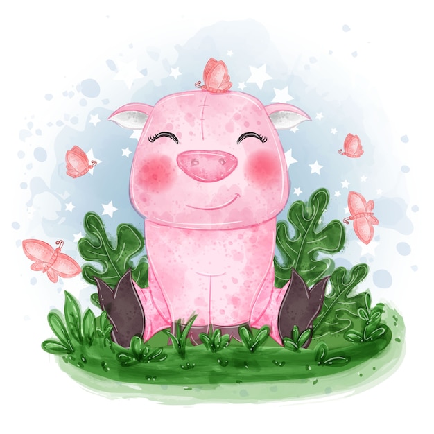 Vector gratuito ilustración linda de cerdo bebé sentarse en la hierba con mariposa