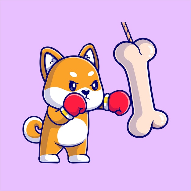 Vector gratuito ilustración linda del icono del vector de la historieta del hueso del boxeo del perro de shiba inu. icono de deporte animal plano aislado