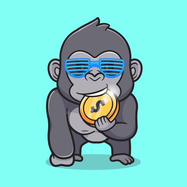 Ilustración linda del icono del vector de la historieta de la moneda de oro de la mordedura del gorila. Concepto de icono de finanzas animales aislado
