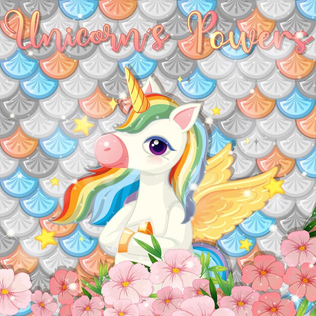 ilustración con lindo unicornio en escamas de pez arco iris