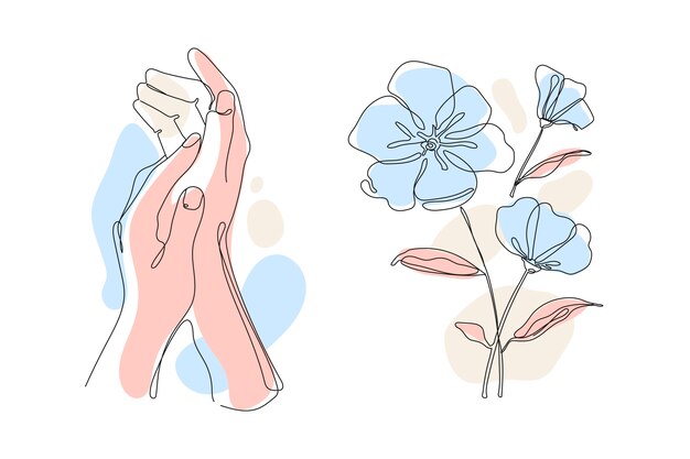 Ilustración de una línea dibujada a mano de manos y flores