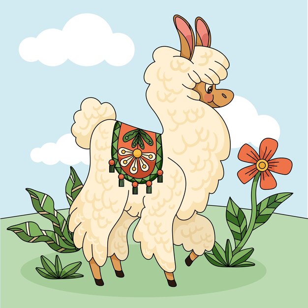 Ilustración de llama de dibujos animados dibujados a mano