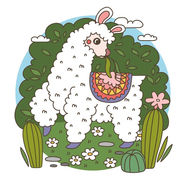 Ilustración de llama de dibujos animados dibujados a mano
