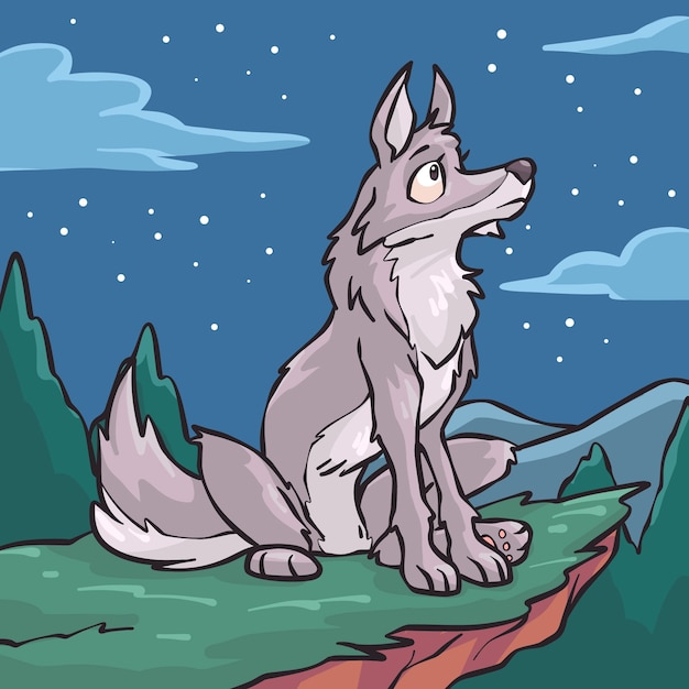 Ilustración de lobo de dibujos animados dibujados a mano