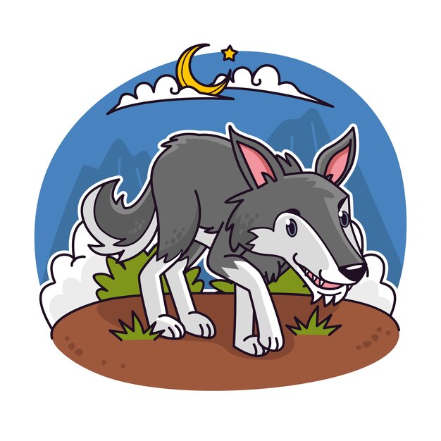 Ilustración de lobo de dibujos animados dibujados a mano