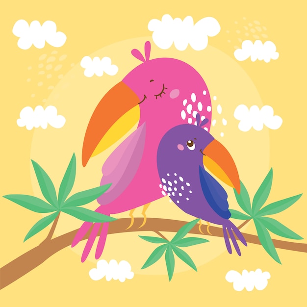 Ilustración con loros, mamá y bebé están sentados en una rama de un árbol exótico