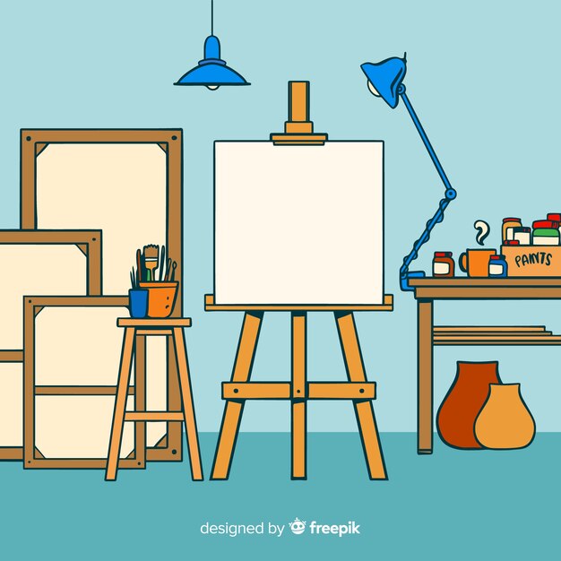 Ilustración lugar de trabajo estudio de arte dibujado a mano
