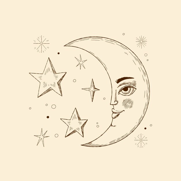 Ilustración de luna y estrellas dibujada a mano
