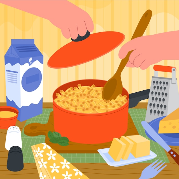 Ilustración de macarrones con queso dibujado a mano
